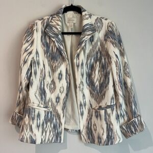 Chico's Ikat‎ Southwest Aztec Open Jacket Blazer Size 1 (M) Cream Blue Textured